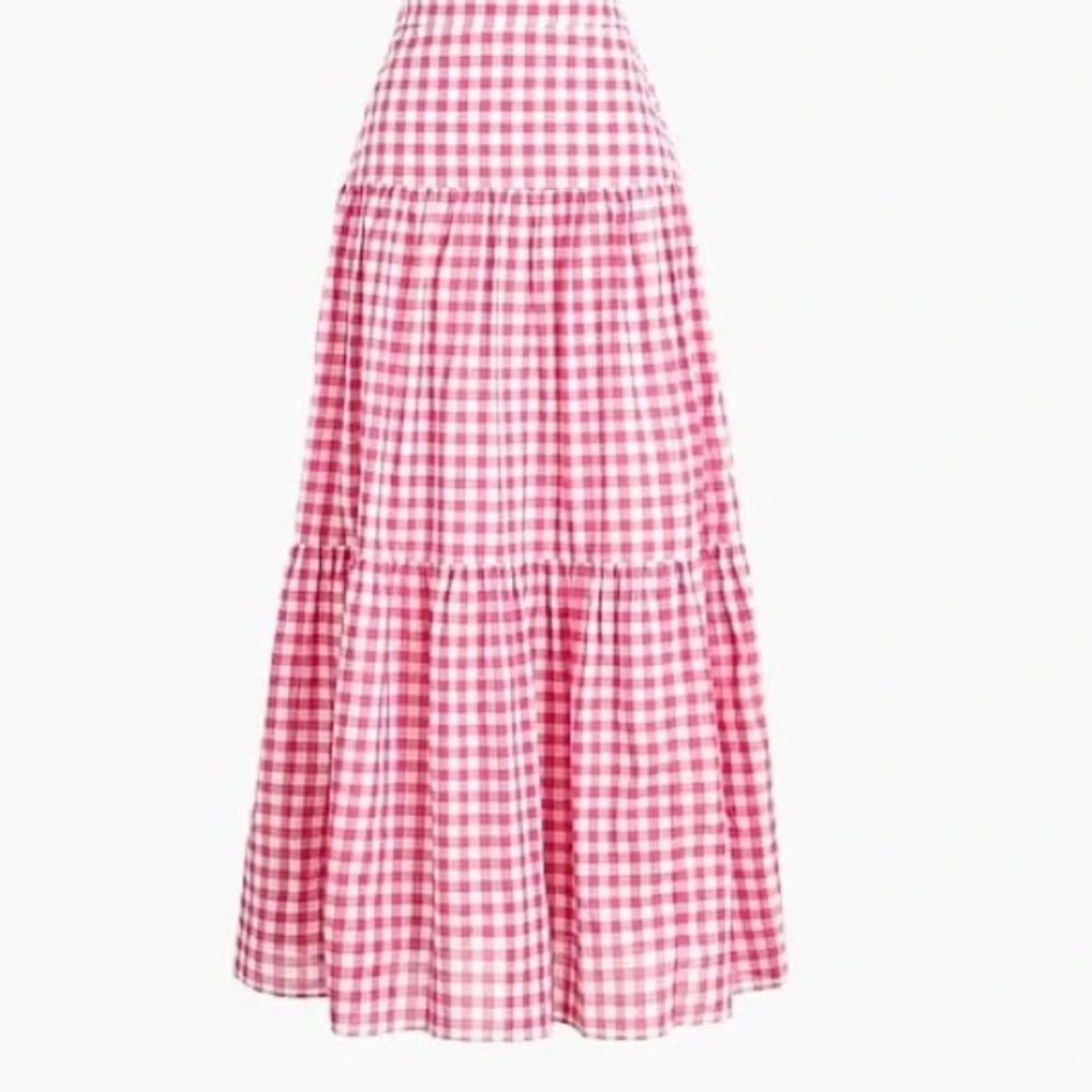 J. Crew pink white gingham check tiered pull on maxi skirt